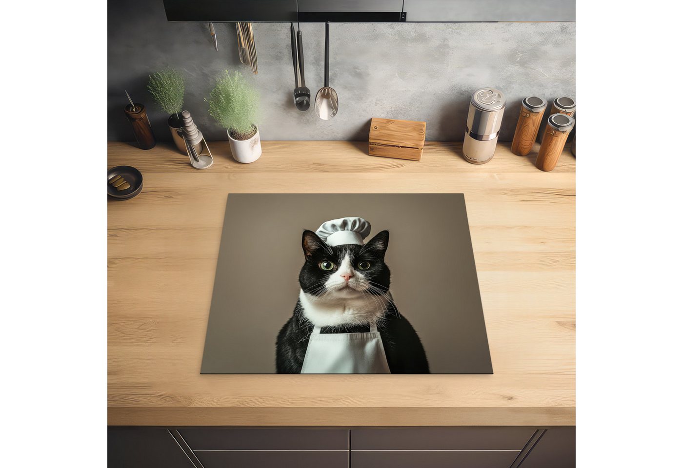MuchoWow Herd-Abdeckplatte Katze - Kochkleidung - Schwarz - Weiß, Vinyl, (1 tlg), Ceranfeldabdeckung Küche, Herdabdeckplatte Einteilig, 60x52 cm Bild 2