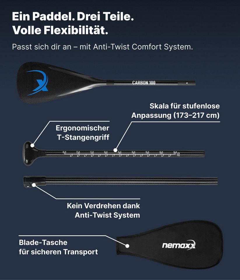 NEMAXX NCP100 Carbon SUP Paddel 3-teilig 173-217 cm teleskopisch verstellbar Schlauchbootpaddel, NCP100 Carbon SUP Paddel 3-teilig 173-217 cm teleskopisch verstellbar Bild 5