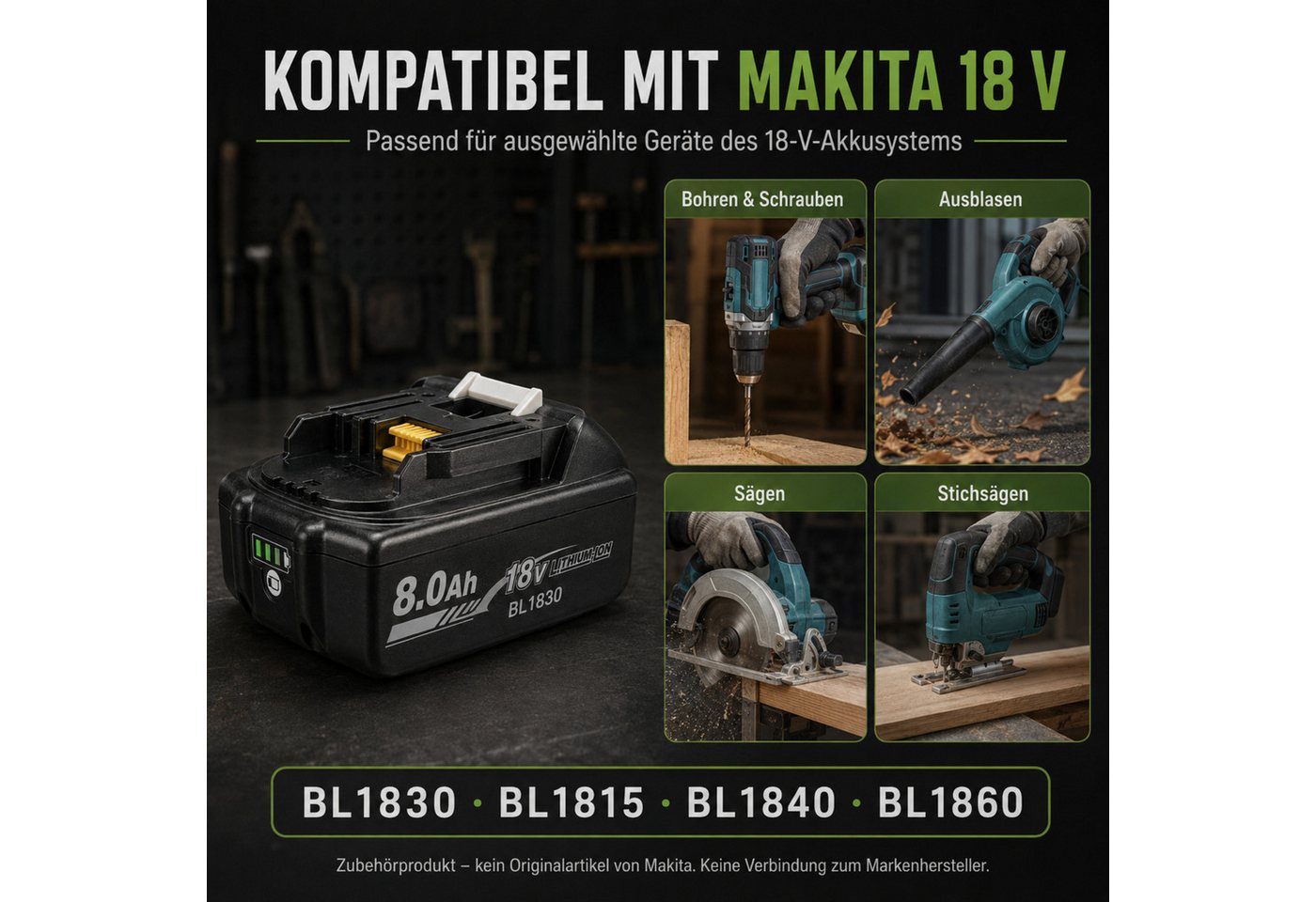 HS.SUPPLY Ersatzakku 18V 8000mAh kompatibel mit Makita BL1830 BL1840 BL1860 Akkupacks 18V 8Ah Li-Ion Ersatzakku Li-Ion 8000 mAh (18 V), Kein Memory-Effekt, wiederaufladbar