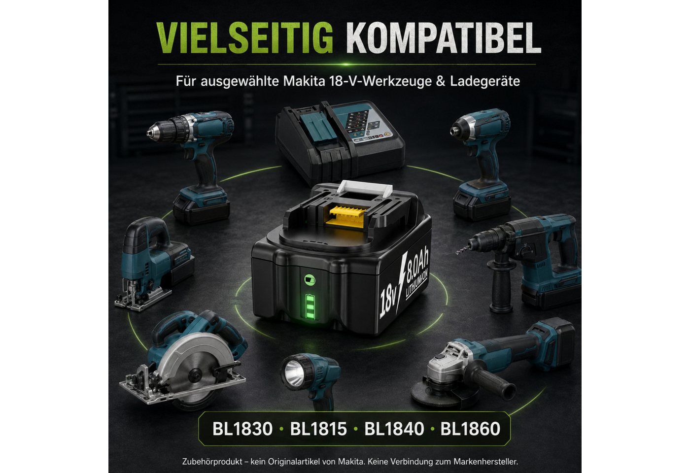 HS.SUPPLY Ersatzakku 18V 8000mAh kompatibel mit Makita BL1830 BL1840 BL1860 Akkupacks 18V 8Ah Li-Ion Ersatzakku Li-Ion 8000 mAh (18 V), Kein Memory-Effekt, wiederaufladbar Bild 3