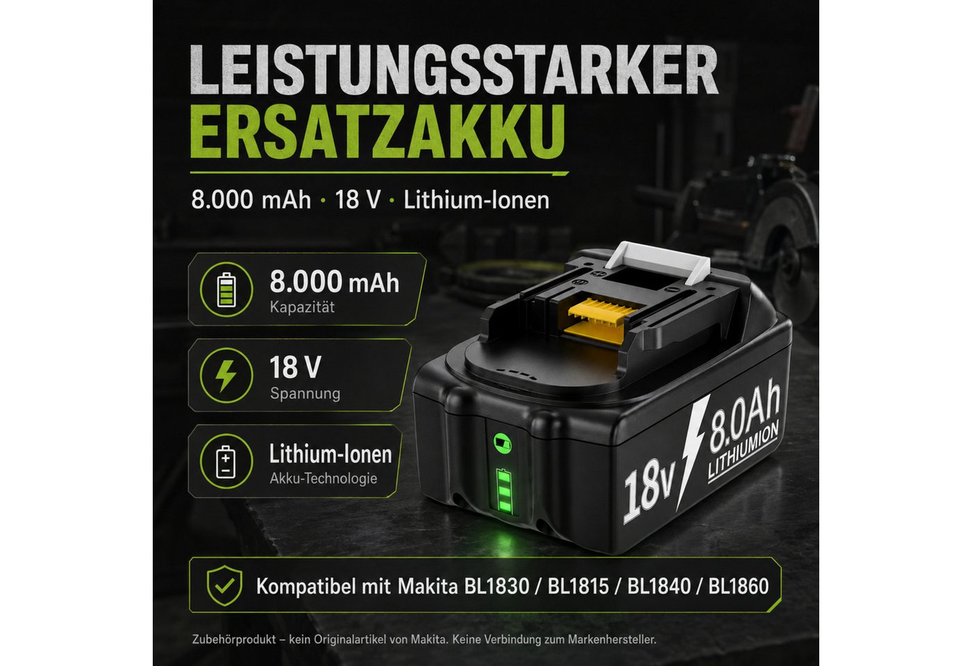HS.SUPPLY Ersatzakku 18V 8000mAh kompatibel mit Makita BL1830 BL1840 BL1860 Akkupacks 18V 8Ah Li-Ion Ersatzakku Li-Ion 8000 mAh (18 V), Kein Memory-Effekt, wiederaufladbar Bild 5