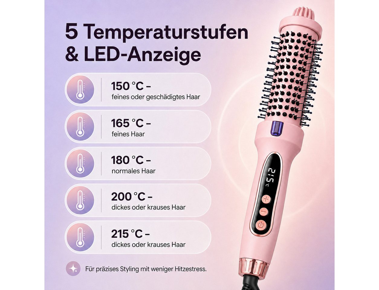 Luckice Warmluftbürste Ionen‑Thermo‑Rundbürste mit 5 Temperaturstufen & LED‑Display, Turmalin‑Lockenbürste,warmluftbürste.Frisuren wie aus dem Friseursalon Bild 2