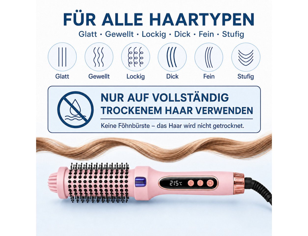 Luckice Warmluftbürste Ionen‑Thermo‑Rundbürste mit 5 Temperaturstufen & LED‑Display, Turmalin‑Lockenbürste,warmluftbürste.Frisuren wie aus dem Friseursalon Bild 3