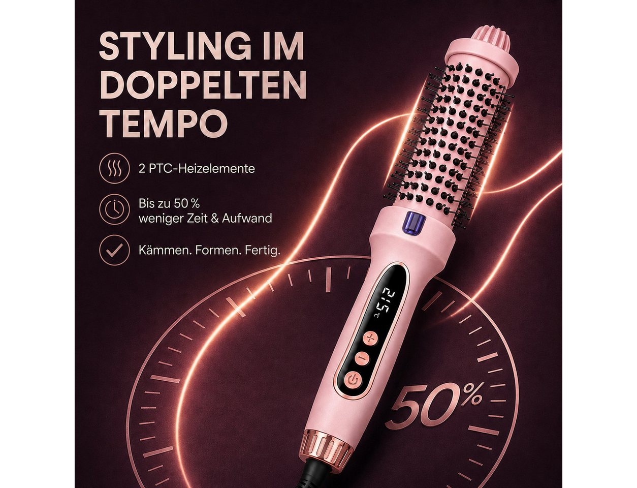 Luckice Warmluftbürste Ionen‑Thermo‑Rundbürste mit 5 Temperaturstufen & LED‑Display, Turmalin‑Lockenbürste,warmluftbürste.Frisuren wie aus dem Friseursalon Bild 4