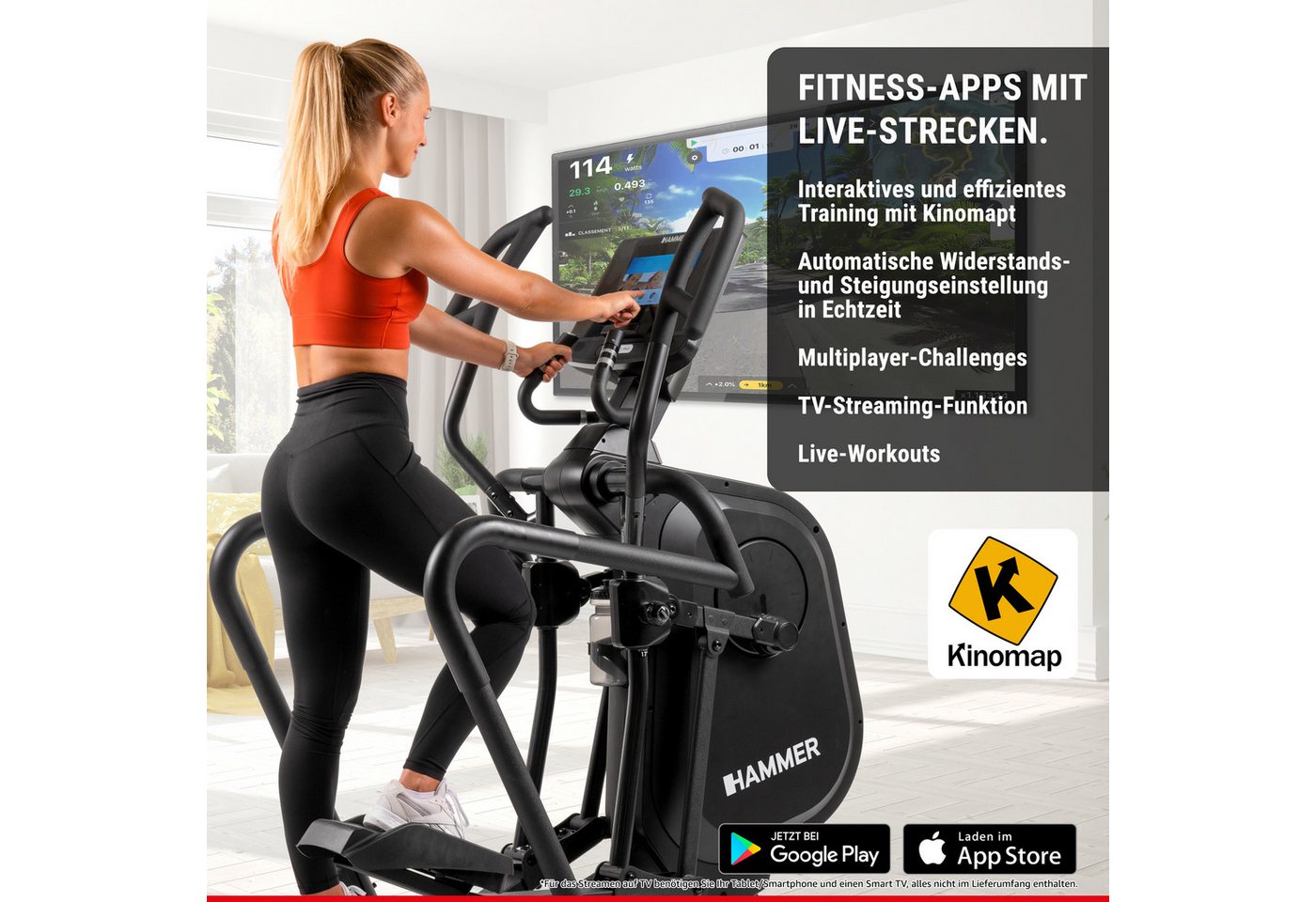 Hammer Crosstrainer Fly RX, 21 Programme, Kinomap, 12 kg Schwungmasse, 10" TFT-Touchscreen Bild 2