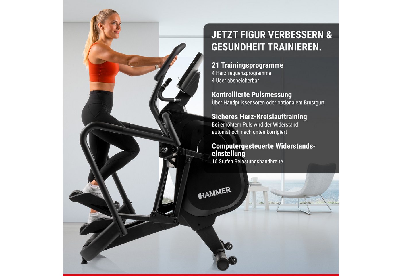 Hammer Crosstrainer Fly RX, 21 Programme, Kinomap, 12 kg Schwungmasse, 10" TFT-Touchscreen Bild 3