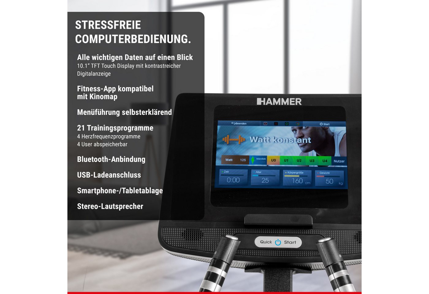 Hammer Crosstrainer Fly RX, 21 Programme, Kinomap, 12 kg Schwungmasse, 10" TFT-Touchscreen Bild 4