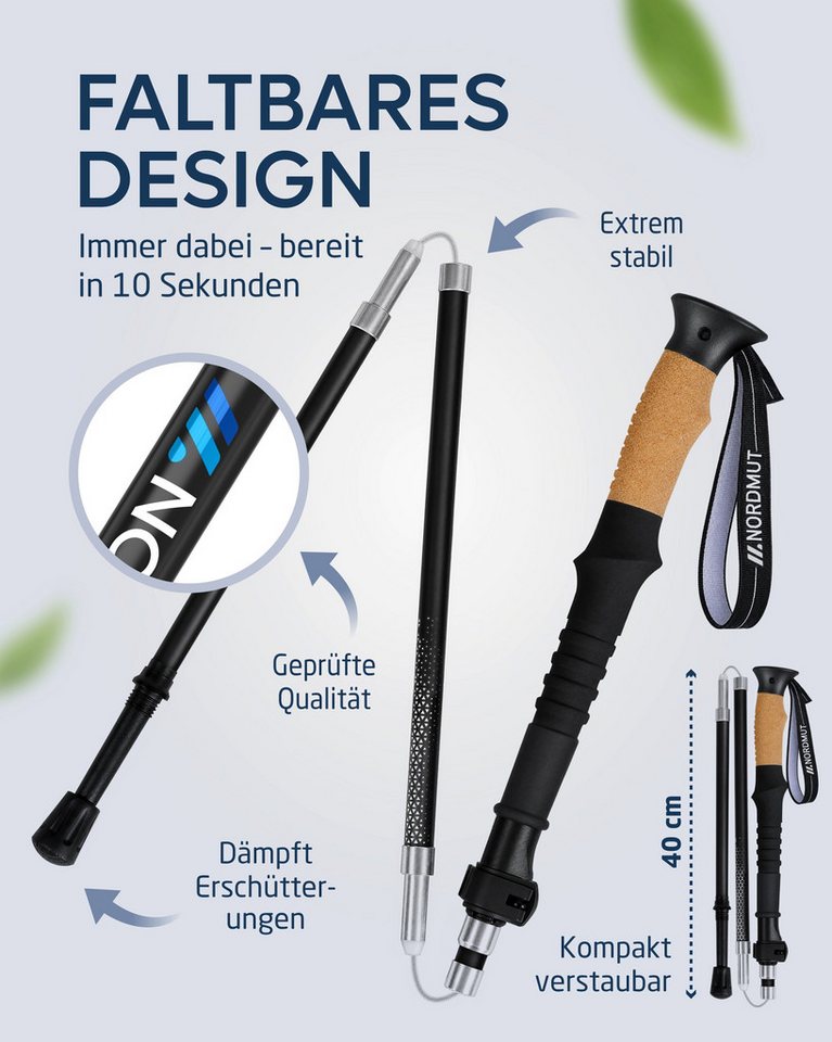 Nordmut Wanderstöcke faltbar, Nordic Walking Stöcke ultraleicht mit Korkgriff und Tasche (Set, 2 St., mit Tasche, Gummipuffern, Schnee- und Matschtellern), Trekkingstöcke faltbar, kleines Packmaß, Quick-Lock, Damen und Herren Bild 2