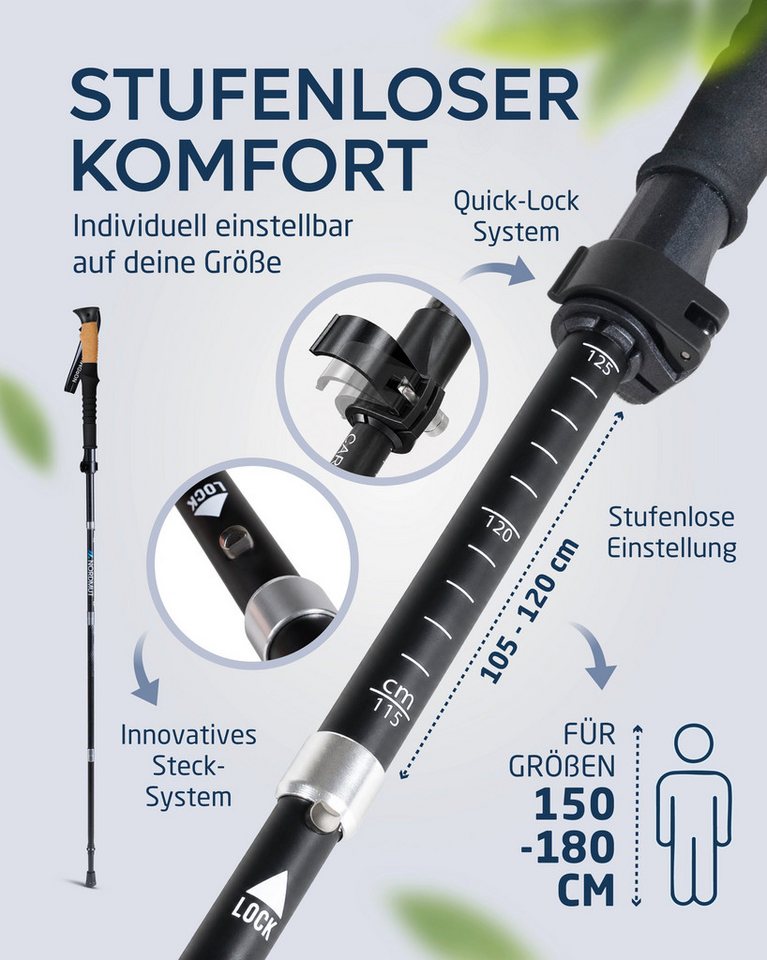 Nordmut Wanderstöcke faltbar, Nordic Walking Stöcke ultraleicht mit Korkgriff und Tasche (Set, 2 St., mit Tasche, Gummipuffern, Schnee- und Matschtellern), Trekkingstöcke faltbar, kleines Packmaß, Quick-Lock, Damen und Herren Bild 5