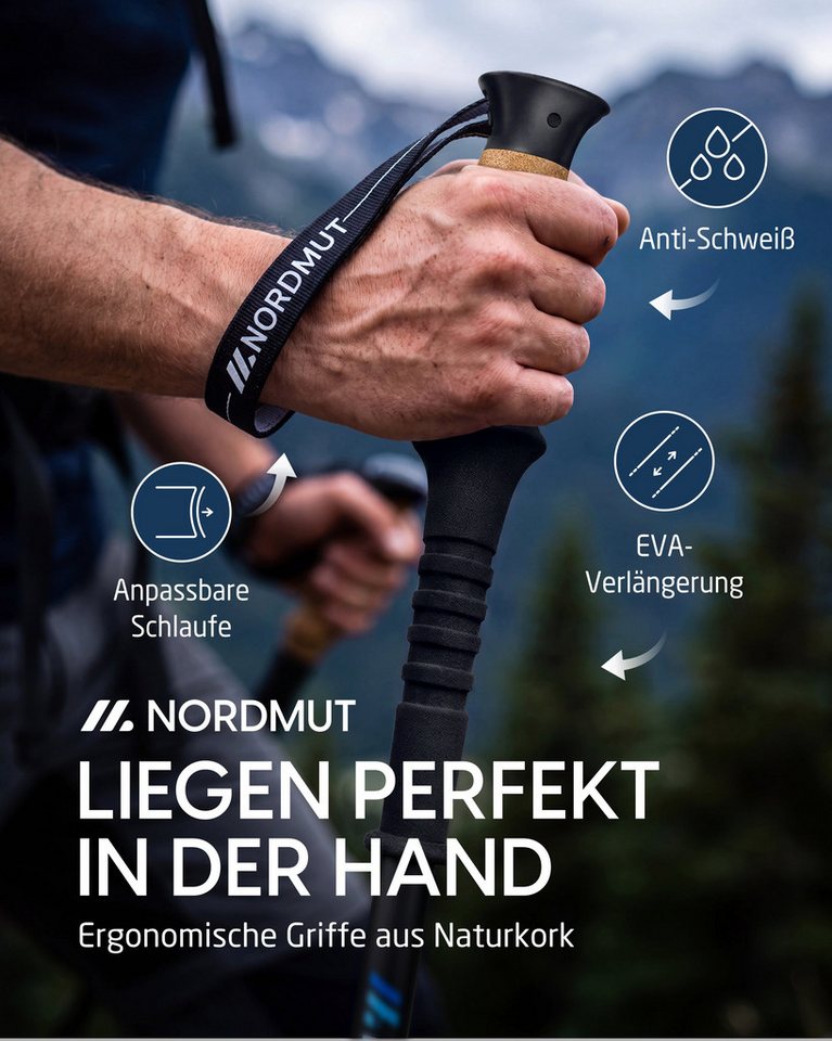 Nordmut Wanderstöcke Teleskop Trekkingstöcke, Nordic Walking Stöcke, Korkgriff, 65–135 cm (Set, 2 St., mit Tasche, Gummipuffern, Schnee- und Matschtellern), ultraleicht, stufenlos höhenverstellbar, Quick-Lock, Damen und Herren