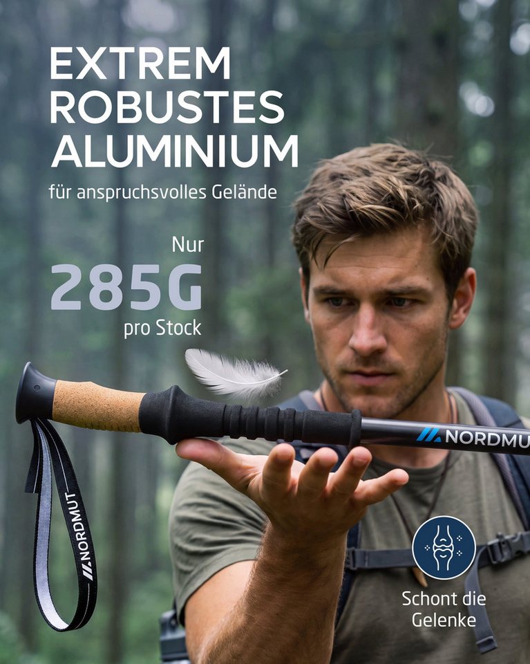 Nordmut Wanderstöcke Teleskop Trekkingstöcke, Nordic Walking Stöcke, Korkgriff, 65–135 cm (Set, 2 St., mit Tasche, Gummipuffern, Schnee- und Matschtellern), ultraleicht, stufenlos höhenverstellbar, Quick-Lock, Damen und Herren Bild 2