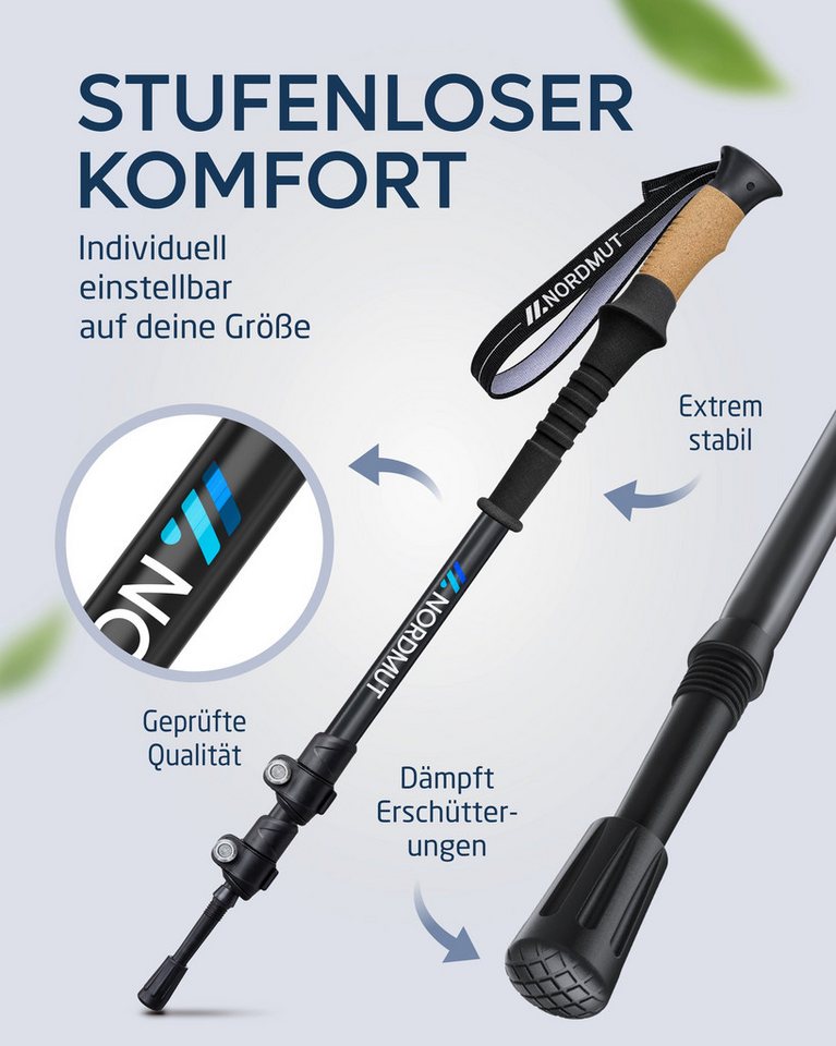 Nordmut Wanderstöcke Teleskop Trekkingstöcke, Nordic Walking Stöcke, Korkgriff, 65–135 cm (Set, 2 St., mit Tasche, Gummipuffern, Schnee- und Matschtellern), ultraleicht, stufenlos höhenverstellbar, Quick-Lock, Damen und Herren Bild 3