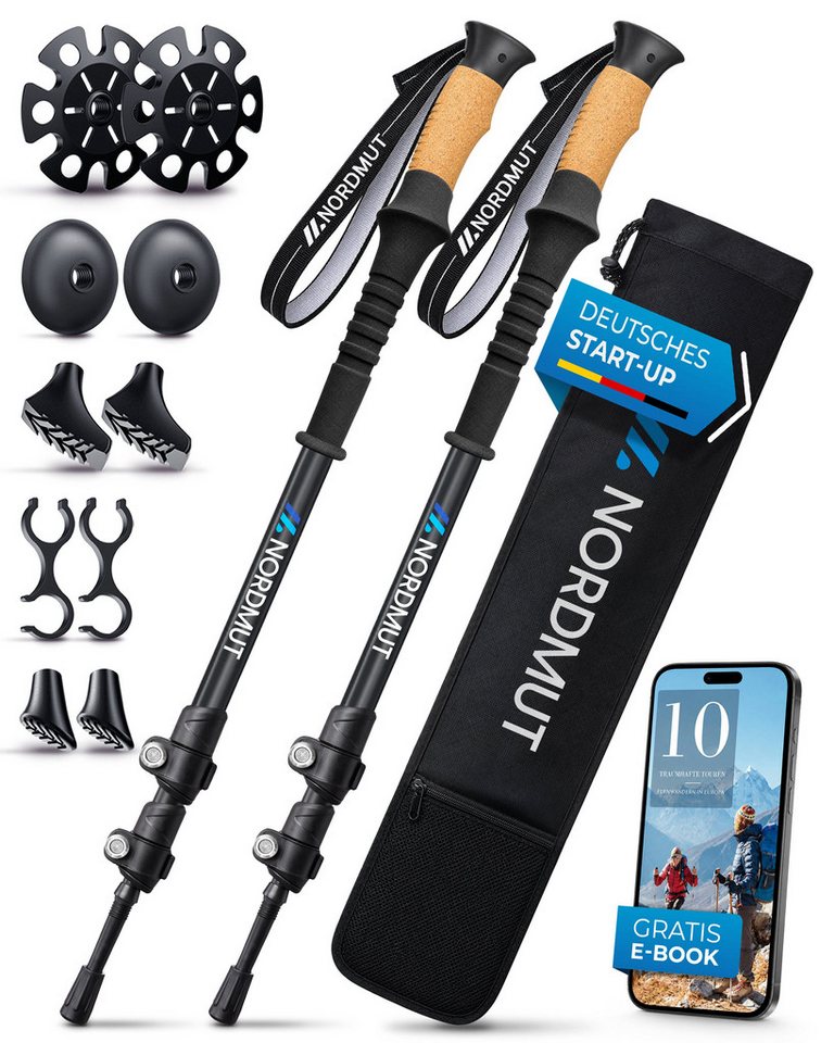 Nordmut Wanderstöcke Teleskop Trekkingstöcke, Nordic Walking Stöcke, Korkgriff, 65–135 cm (Set, 2 St., mit Tasche, Gummipuffern, Schnee- und Matschtellern), ultraleicht, stufenlos höhenverstellbar, Quick-Lock, Damen und Herren Bild 5