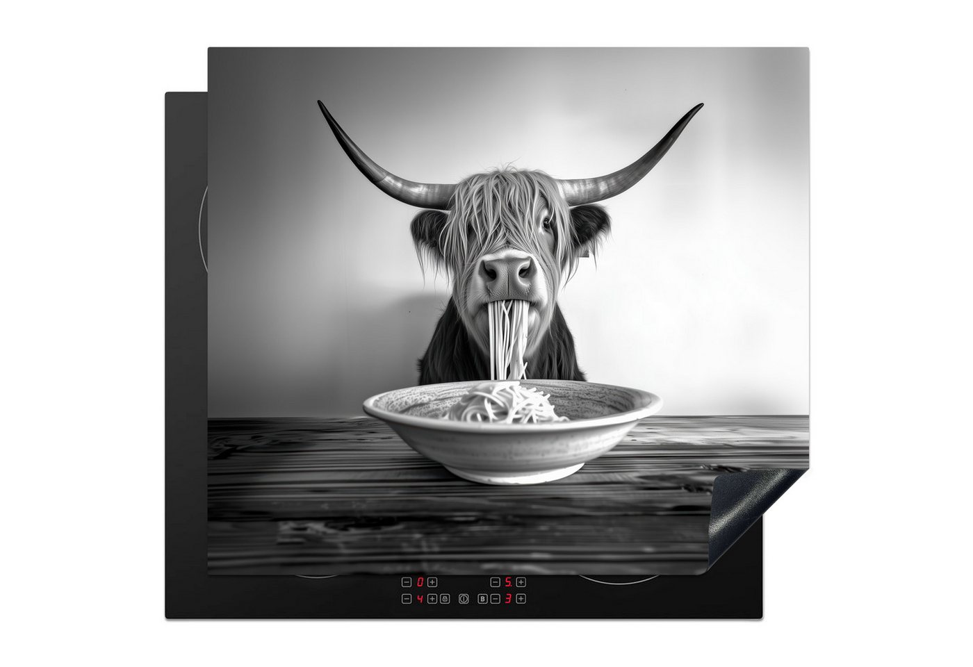 MuchoWow Herd-Abdeckplatte Schottischer Highlander - Spaghetti - Tiere - Schwarz und weiß, Vinyl, (1 tlg), Abdeckplatte für Ceranfeld, Herd Inductionsmatte, 57.6x51.6 cm Bild 2