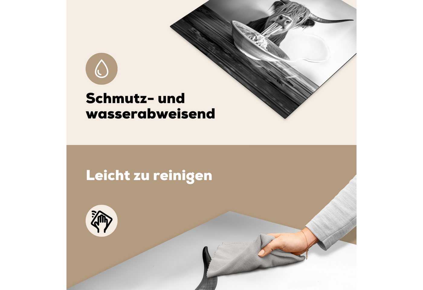 MuchoWow Herd-Abdeckplatte Schottischer Highlander - Spaghetti - Tiere - Schwarz und weiß, Vinyl, (1 tlg), Abdeckplatte für Ceranfeld, Herd Inductionsmatte, 57.6x51.6 cm Bild 4