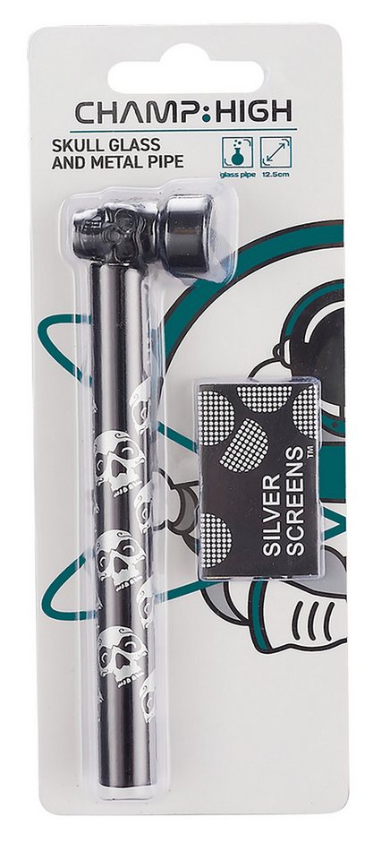 CHAMP HIGH Handpfeife TABAKPFEIFE SKULL 12,5cm aus Glas mit 5 Sieben Glaspfeife 386 (Silber), Rauchpfeife mini Pfeife Tabak Pipe Siebe