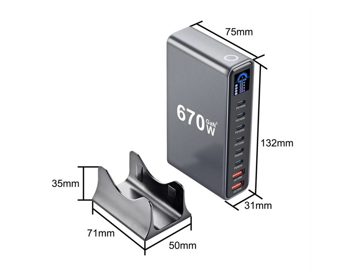 AUDEW 670W 8-Port LCD USB-Ladegerät (6× USB-C PD, 2× USB-A, Digitalanzeige GaN Schnellladegerät, Smartphone Laptop Ladegerät, Desktop-Ladestation)
