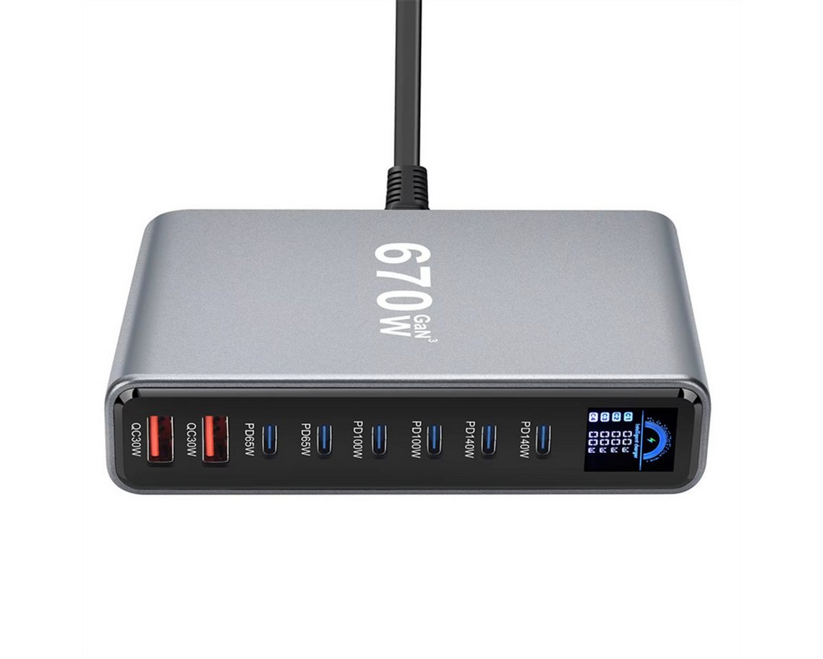 AUDEW 670W 8-Port LCD USB-Ladegerät (6× USB-C PD, 2× USB-A, Digitalanzeige GaN Schnellladegerät, Smartphone Laptop Ladegerät, Desktop-Ladestation) Bild 2