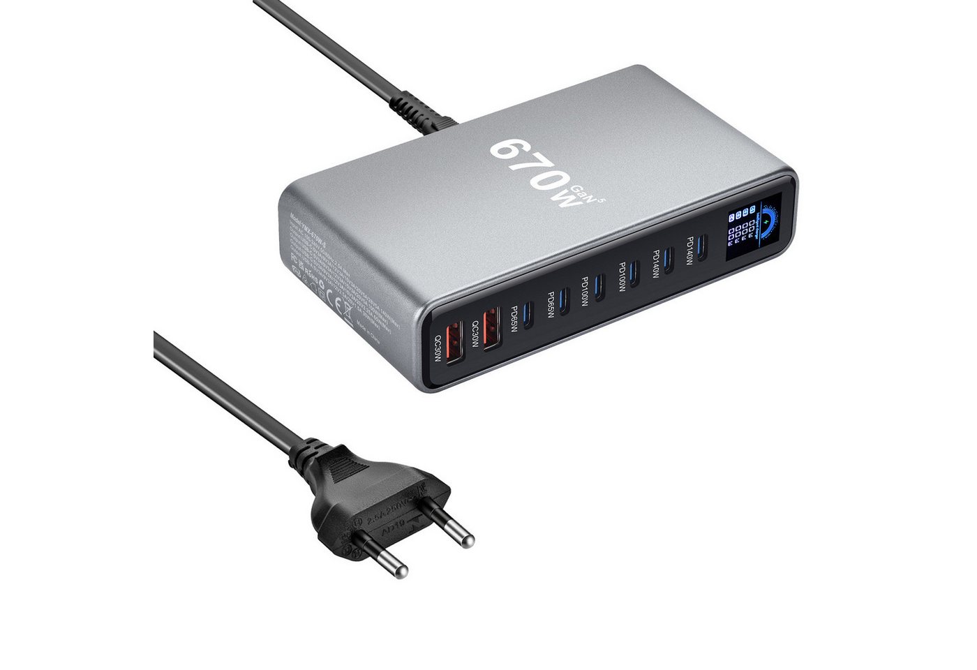 AUDEW 670W 8-Port LCD USB-Ladegerät (6× USB-C PD, 2× USB-A, Digitalanzeige GaN Schnellladegerät, Smartphone Laptop Ladegerät, Desktop-Ladestation) Bild 5