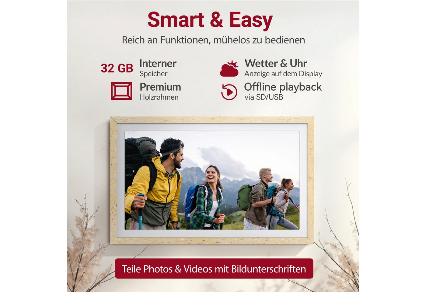 Xoro CPF 14PF -14 Zoll mit App-Steuerung Digitaler Bilderrahmen (35,56 cm/14 ", 1920 × 1080 Pixel, 32 GB, Full‑HD‑Touchdisplay mit WLAN und Bildrotation)