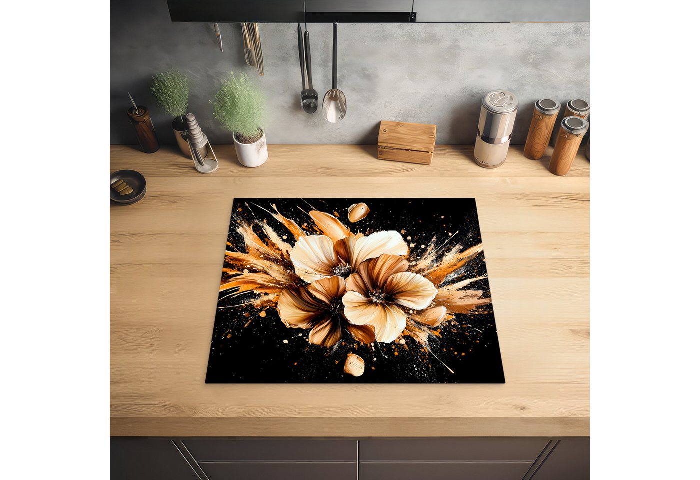 MuchoWow Herd-Abdeckplatte Blumen - Gold - Graffiti - Schwarz - Abstrakt, Vinyl, (1 tlg), Cerankochfeld Abdeckung, Herd Abdeckplatten Vinyl, 58x51 cm Bild 3
