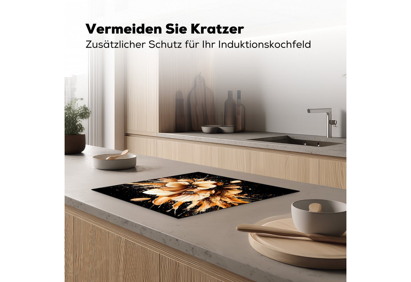 MuchoWow Herd-Abdeckplatte Blumen - Gold - Graffiti - Schwarz - Abstrakt, Vinyl, (1 tlg), Cerankochfeld Abdeckung, Herd Abdeckplatten Vinyl, 58x51 cm Bild 5