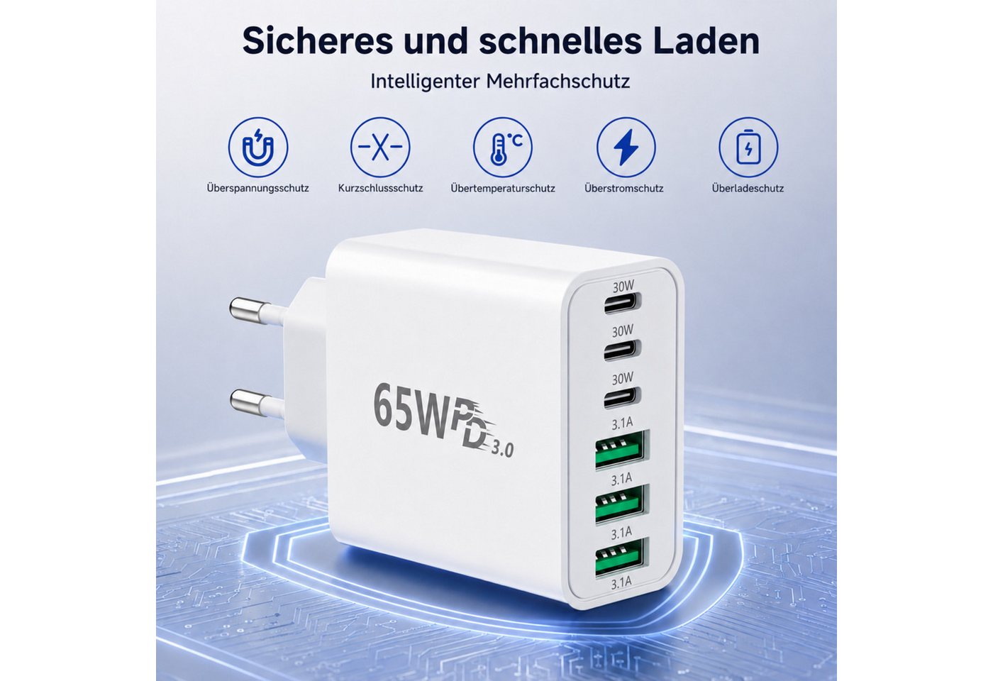 PlugUp 65W Ladegerät 6-Port 30W Schnellladeadapter mit USB-C Ladekabel USB-Ladegerät (3100 mA, Set, Inkl. USB-C Ladekabel, Universelles Schnellladegerät mit USB-C auf USB-C Ladekabel)