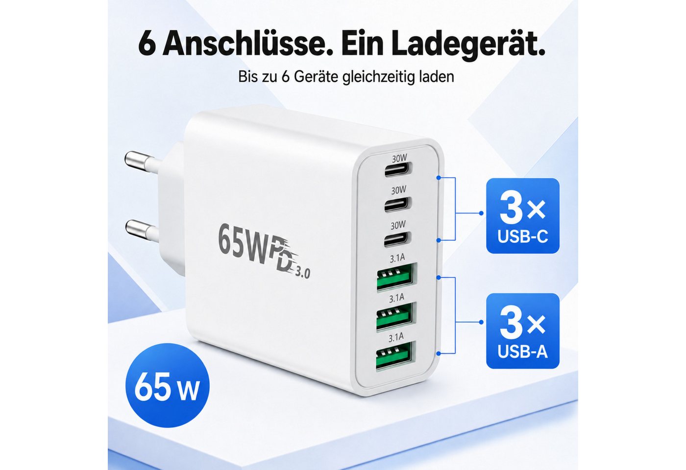PlugUp 65W Ladegerät 6-Port 30W Schnellladeadapter mit USB-C Ladekabel USB-Ladegerät (3100 mA, Set, Inkl. USB-C Ladekabel, Universelles Schnellladegerät mit USB-C auf USB-C Ladekabel) Bild 2