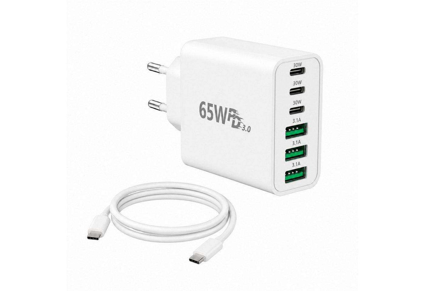 PlugUp 65W Ladegerät 6-Port 30W Schnellladeadapter mit USB-C Ladekabel USB-Ladegerät (3100 mA, Set, Inkl. USB-C Ladekabel, Universelles Schnellladegerät mit USB-C auf USB-C Ladekabel) Bild 3