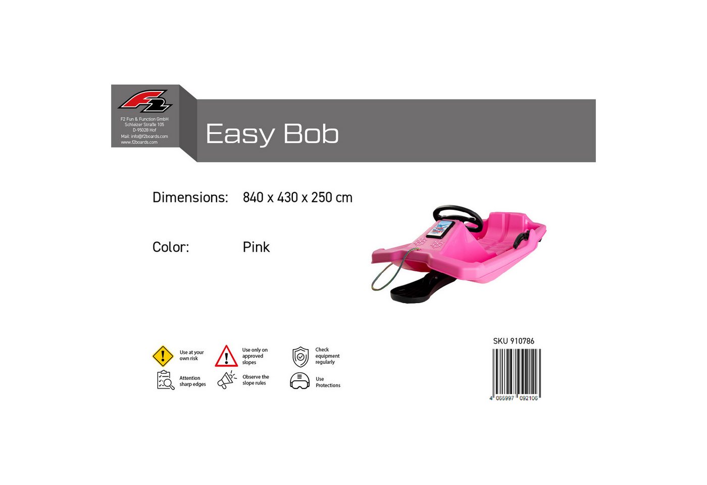 F2 Schlitten F2 Schlitten Easy Bob - 84cm 1,8kg Pink 2026 Bild 2