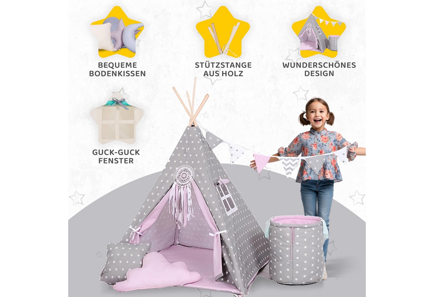Rainbow Kids Tipi-Zelt Grauer Stern, Personen: 2 (mit Zubehör, 8 tlg., mit 4 Kissen, Matte, Spielzeugkorb und Wimpelkette)