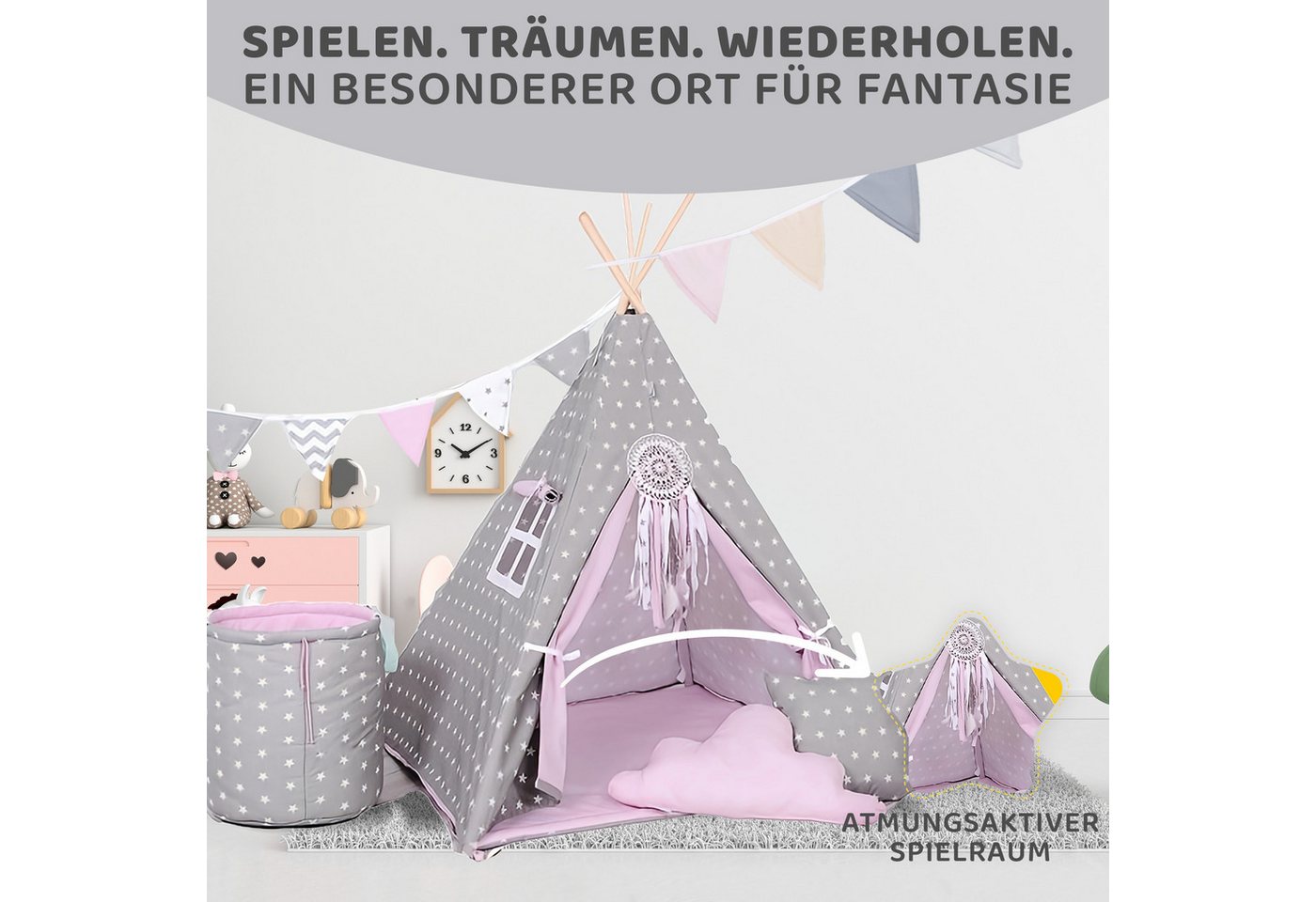 Rainbow Kids Tipi-Zelt Grauer Stern, Personen: 2 (mit Zubehör, 8 tlg., mit 4 Kissen, Matte, Spielzeugkorb und Wimpelkette) Bild 2