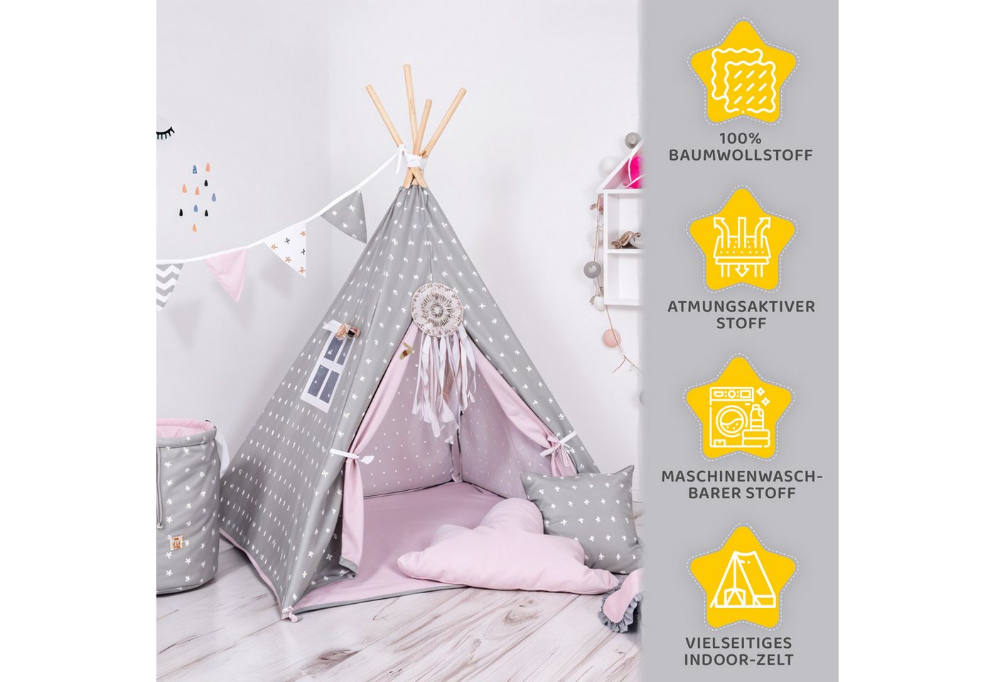 Rainbow Kids Tipi-Zelt Grauer Stern, Personen: 2 (mit Zubehör, 8 tlg., mit 4 Kissen, Matte, Spielzeugkorb und Wimpelkette) Bild 3