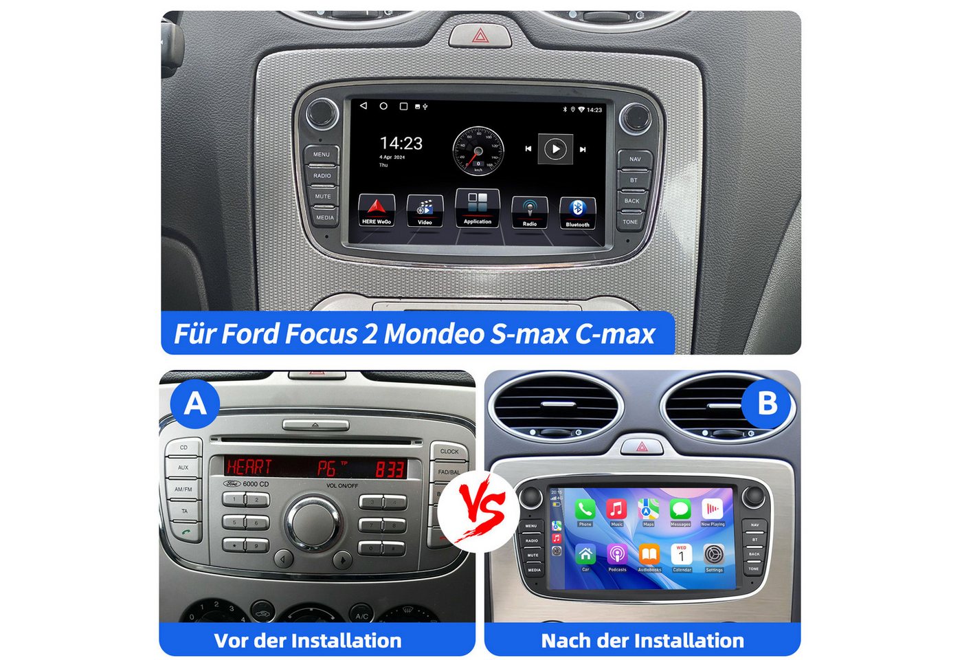 ESSGOO DAB+ autoradio Carplay Android15 Für Ford Focus 2 S-Max Mondeo GPS NAV Autoradio (RDS, 4+64GB(optional), Digitalradio (DAB), BT 4.1, FM, GPS, WIFI, SWC, Carplay Android Auto Bluetooth EQ USB GPS Navi WIFI Touchscreen)