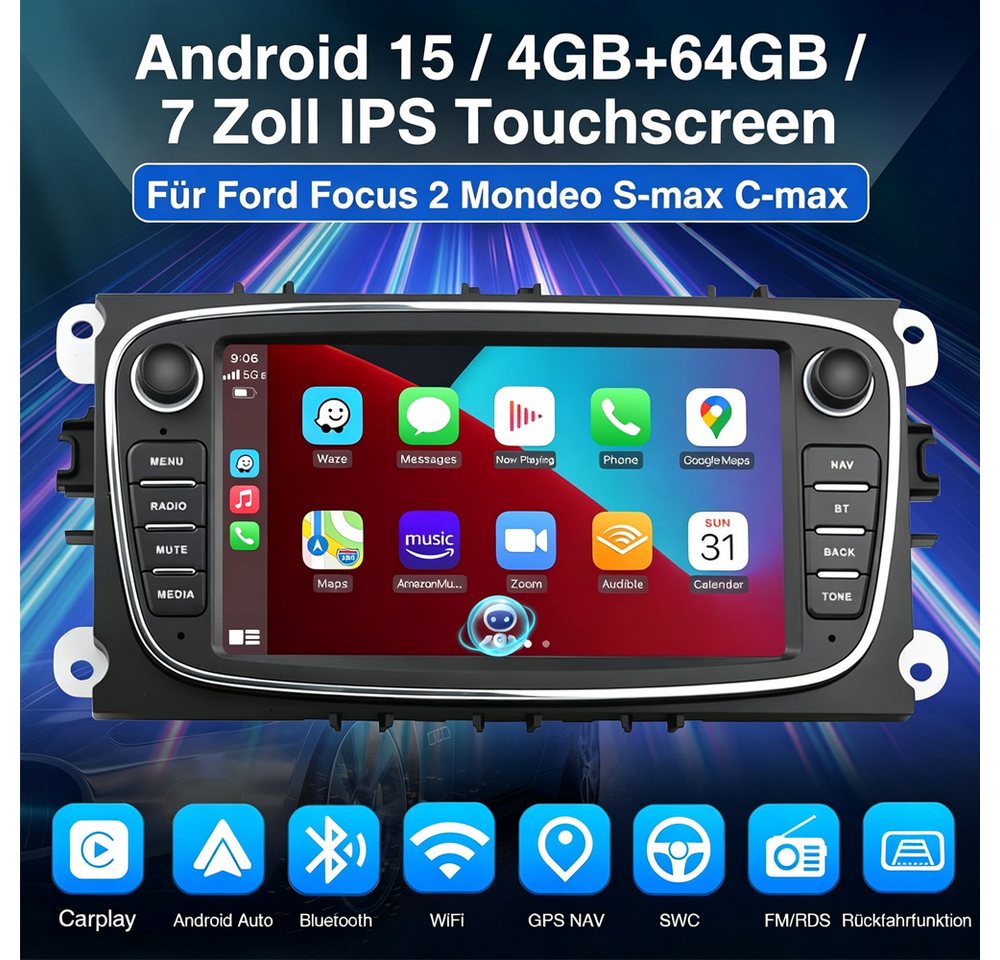 ESSGOO DAB+ autoradio Carplay Android15 Für Ford Focus 2 S-Max Mondeo GPS NAV Autoradio (RDS, 4+64GB(optional), Digitalradio (DAB), BT 4.1, FM, GPS, WIFI, SWC, Carplay Android Auto Bluetooth EQ USB GPS Navi WIFI Touchscreen) Bild 4
