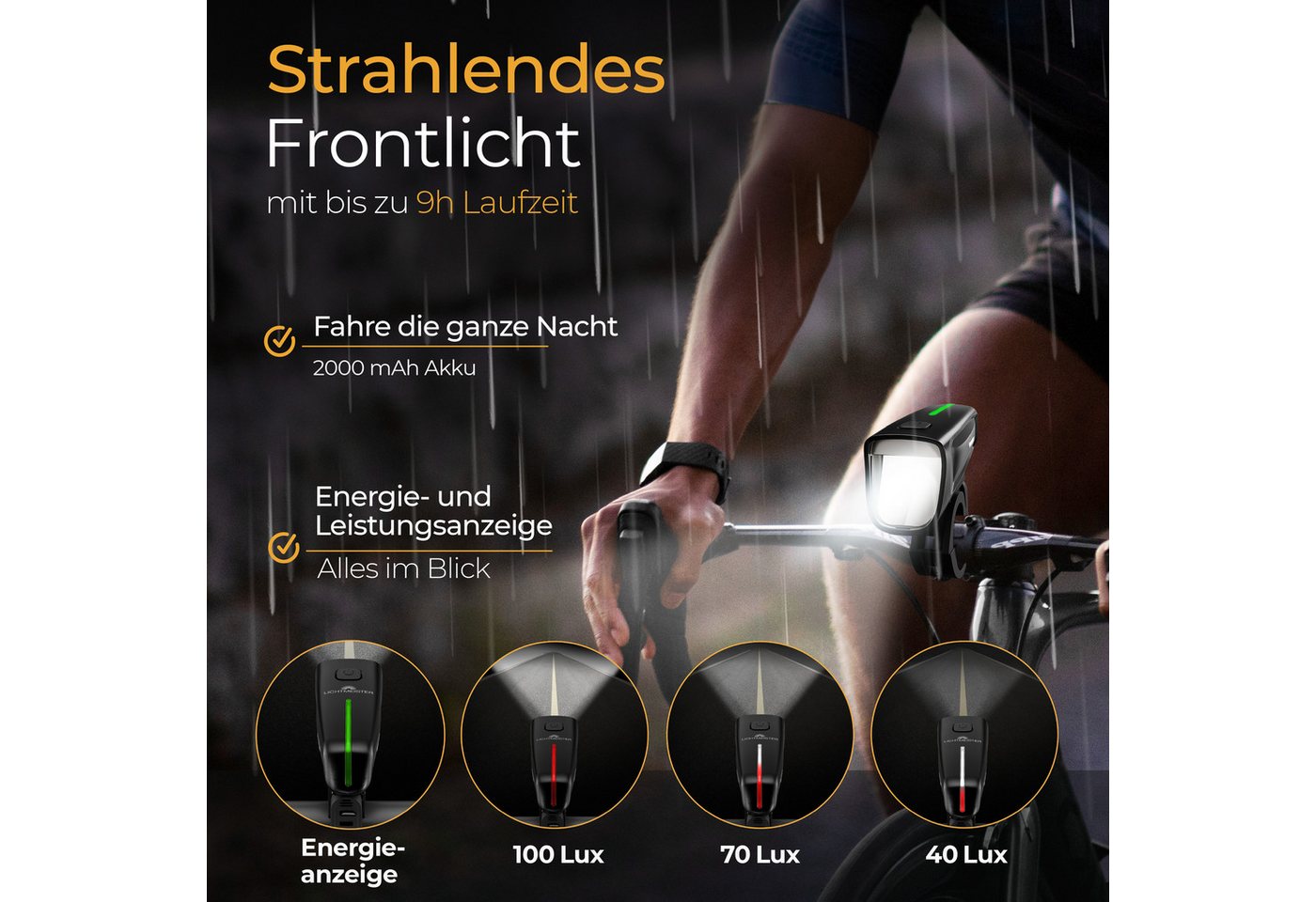 Lichtmeister Fahrradbeleuchtung Fahrradlicht Set - 100 Lux - 2000 mAh Akku - Reflektor und Bremslicht, StVZO zugelassen, USB-C aufladbar & wasserfest