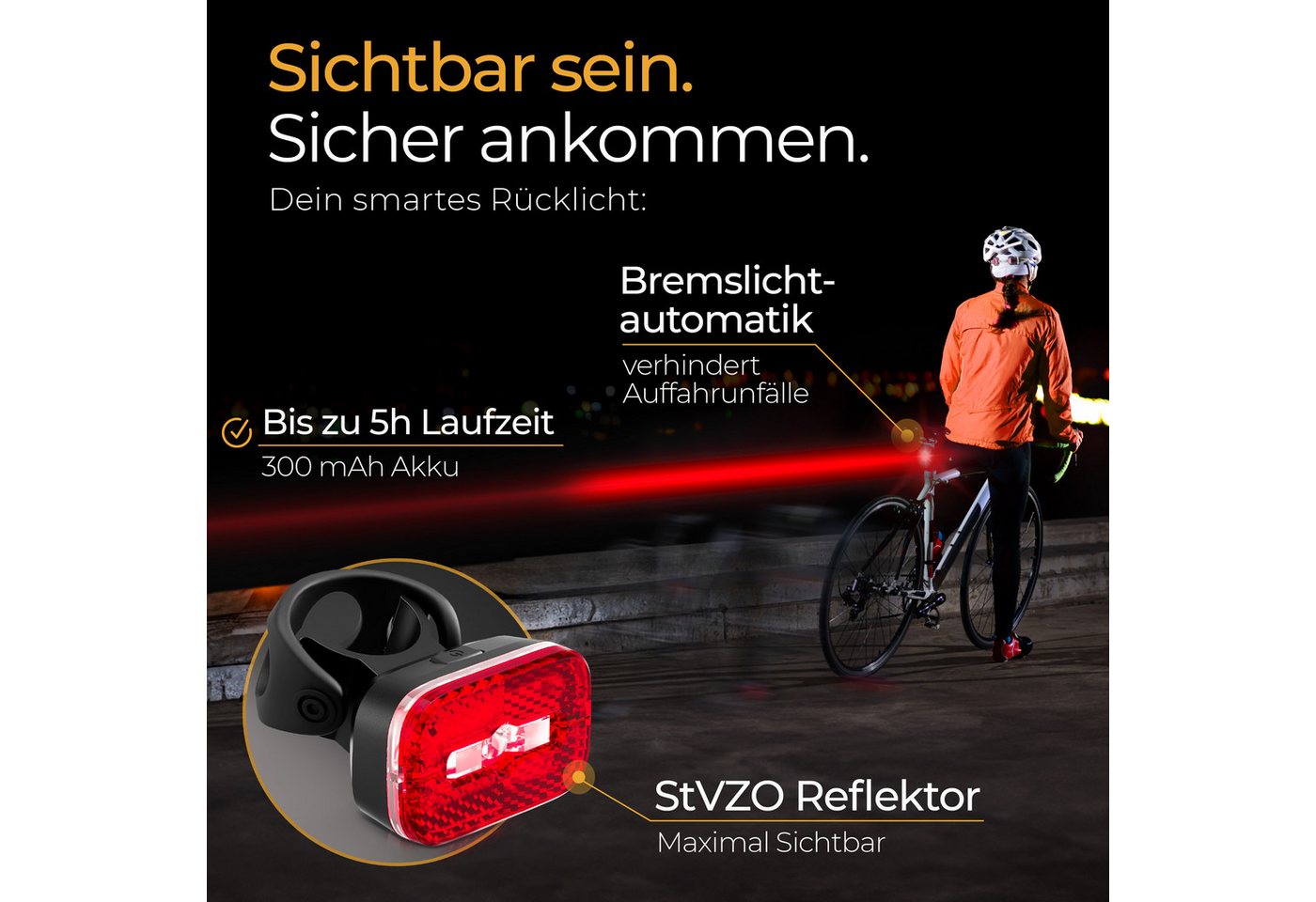 Lichtmeister Fahrradbeleuchtung Fahrradlicht Set - 100 Lux - 2000 mAh Akku - Reflektor und Bremslicht, StVZO zugelassen, USB-C aufladbar & wasserfest Bild 2