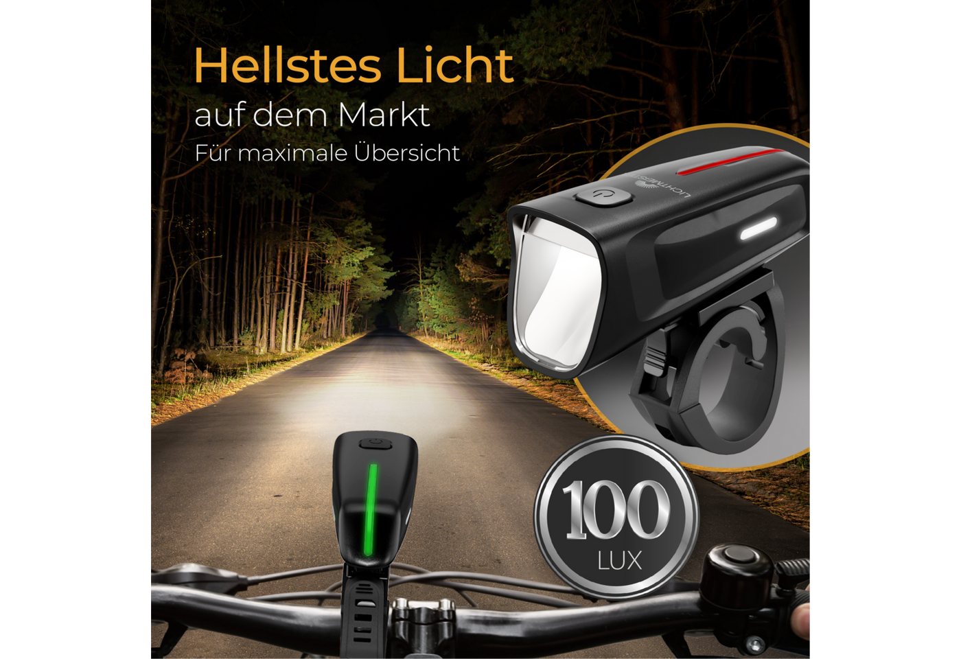 Lichtmeister Fahrradbeleuchtung Fahrradlicht Set - 100 Lux - 2000 mAh Akku - Reflektor und Bremslicht, StVZO zugelassen, USB-C aufladbar & wasserfest Bild 3