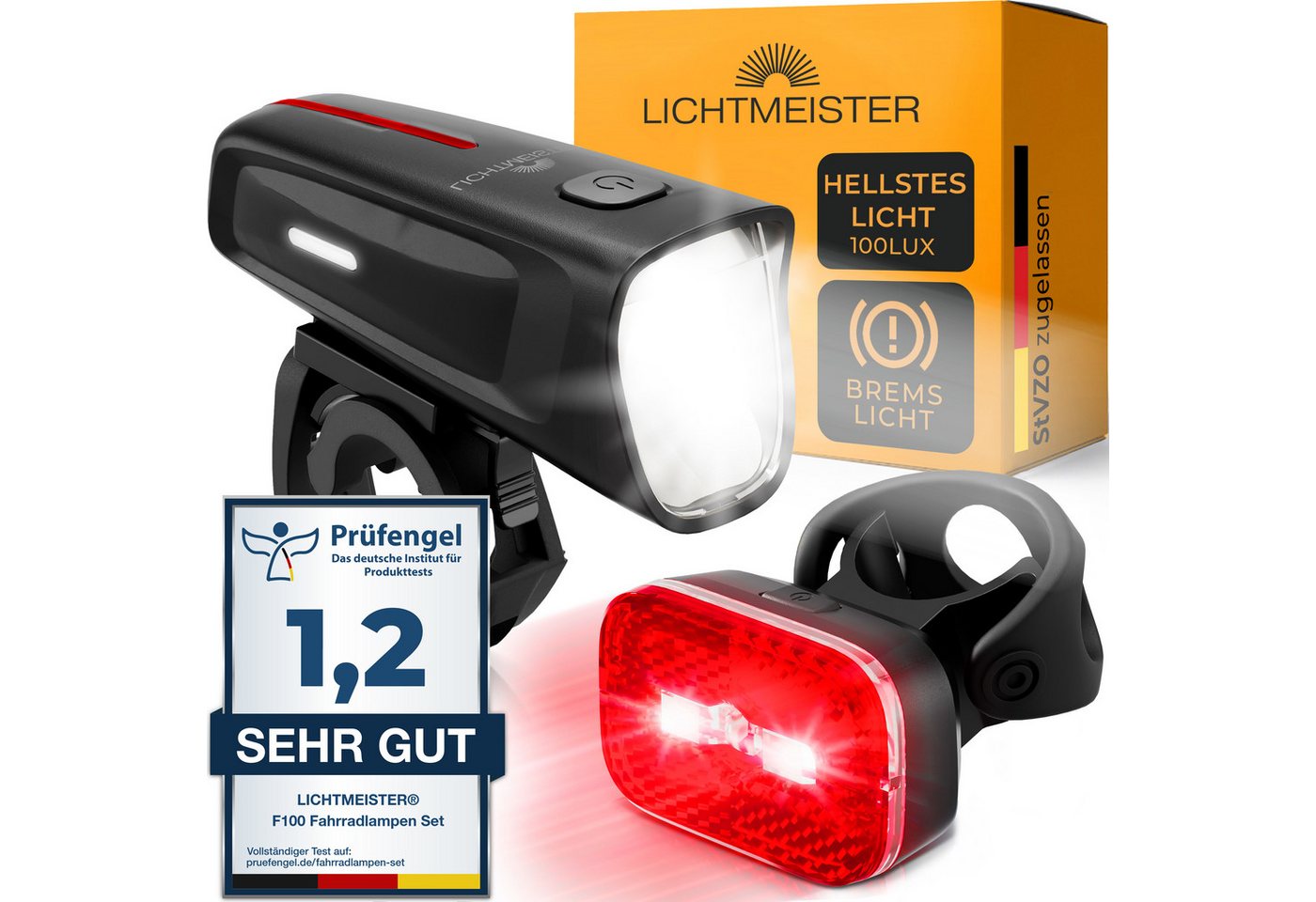 Lichtmeister Fahrradbeleuchtung Fahrradlicht Set - 100 Lux - 2000 mAh Akku - Reflektor und Bremslicht, StVZO zugelassen, USB-C aufladbar & wasserfest Bild 4