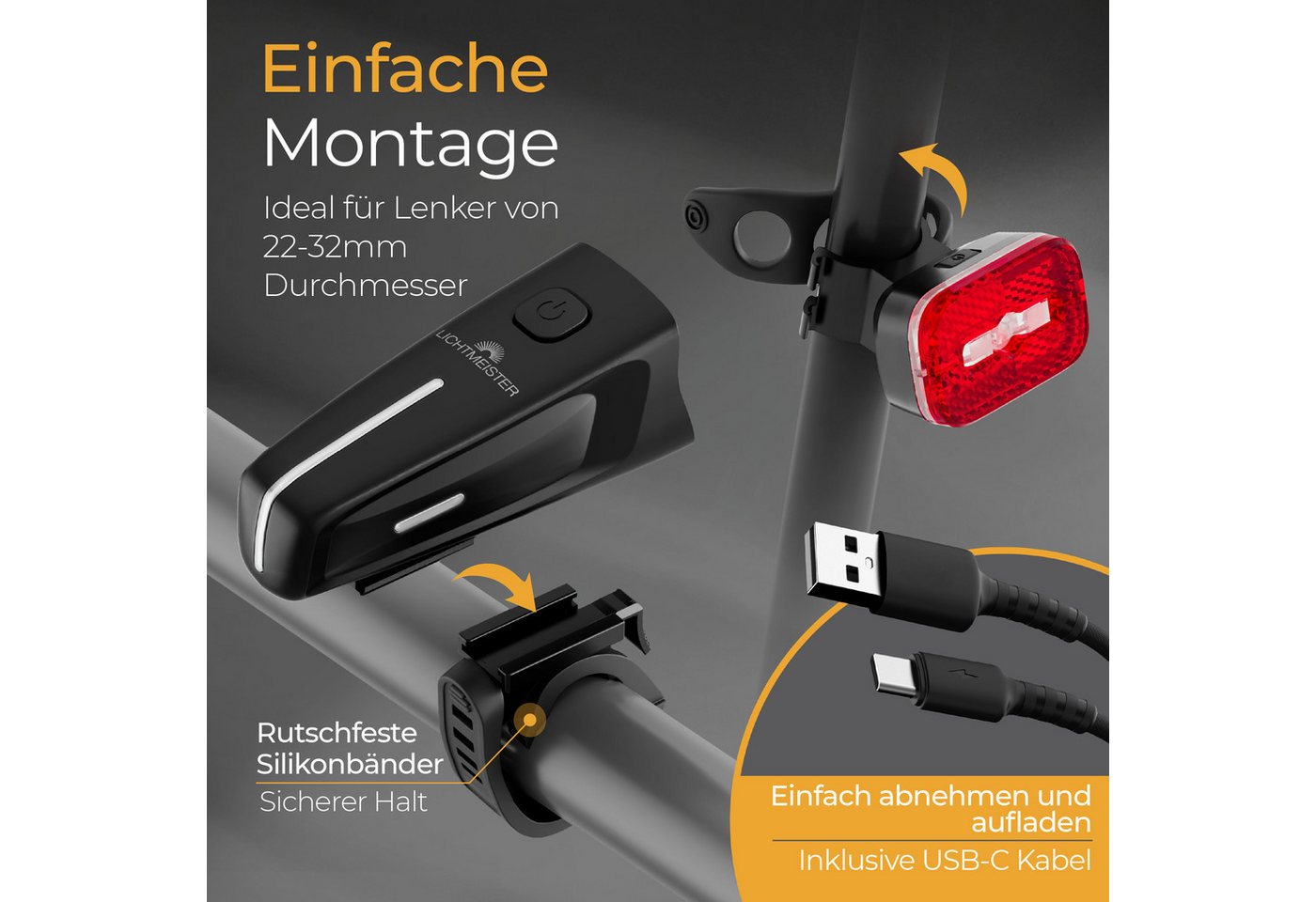 Lichtmeister Fahrradbeleuchtung Fahrradlicht Set - 100 Lux - 2000 mAh Akku - Reflektor und Bremslicht, StVZO zugelassen, USB-C aufladbar & wasserfest Bild 5