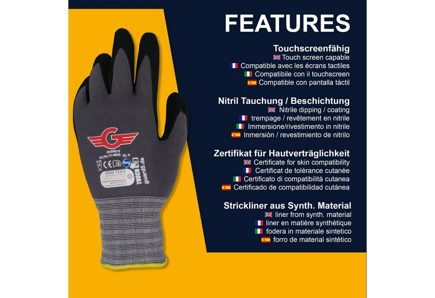 GUARD 5 Arbeitshandschuhe 3-12 Paar Nitril Beschichteter Arbeits- Montagehandschuh (Art.11580G) (12-St) atmungsaktiv, touchscreenfähig, Sanitized Hygienefunktion