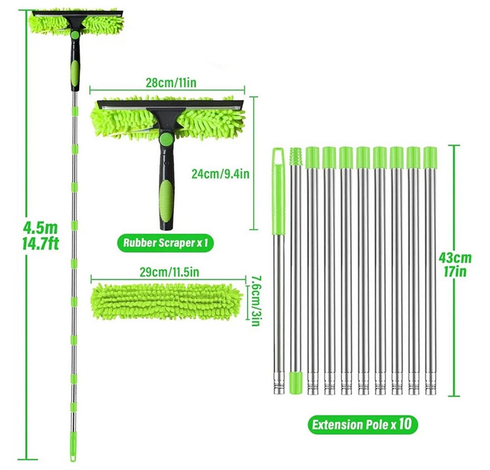 FANNOU Fensterreiniger Fensterwischer Teleskop 4.5m, 2 in 1 Profi Extra Lange, 180° Drehbarer Kopf Fensterwischer Abzieher Set für Hohe Fenster Bild 2