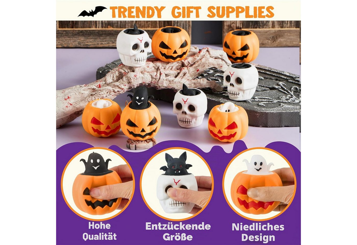 JOYIN Anti-Stress-Ball JOYIN 12 Stk. Halloween Quetschspielzeug, Kürbis Skelett Geist Bild 2