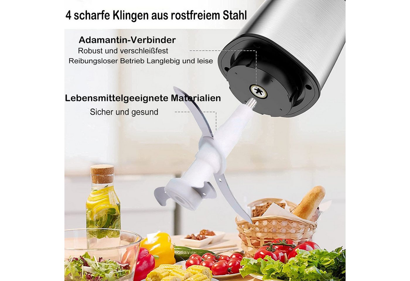wohnTRAUM24 Zerkleinerer Zerkleinerer Küche Elektrisch mit 2L Edelstahlschüssel und 4 Klingen, Multizerkleinerer mit 3 Geschwindigkeitsstufen,für Fleisch,Obst,Gemüse Bild 3