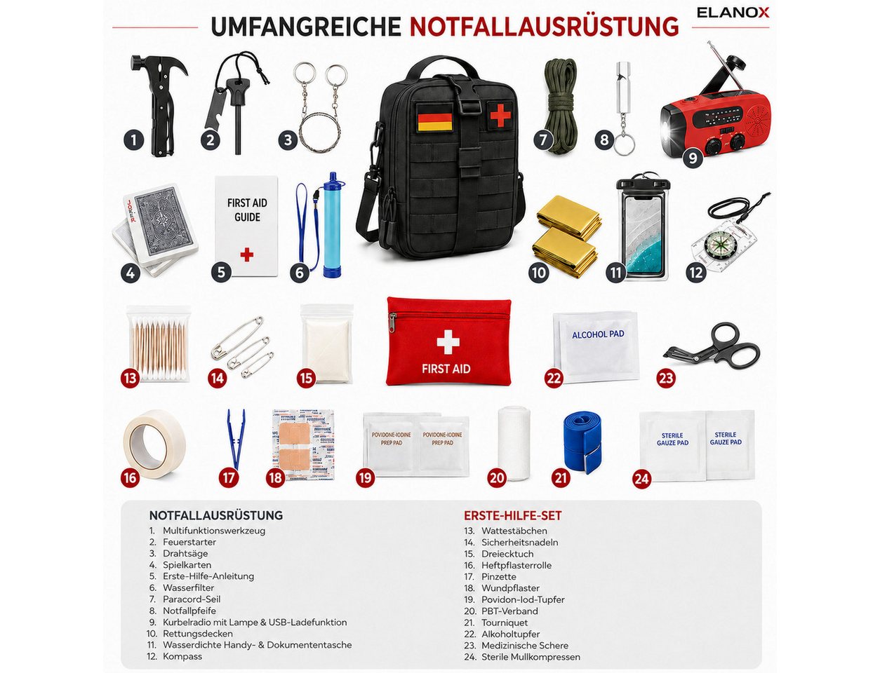 ELANOX Erste-Hilfe-Set ELANOX Survival mit Kurbelradio und Erste-Hilfe-Set Werkzeug