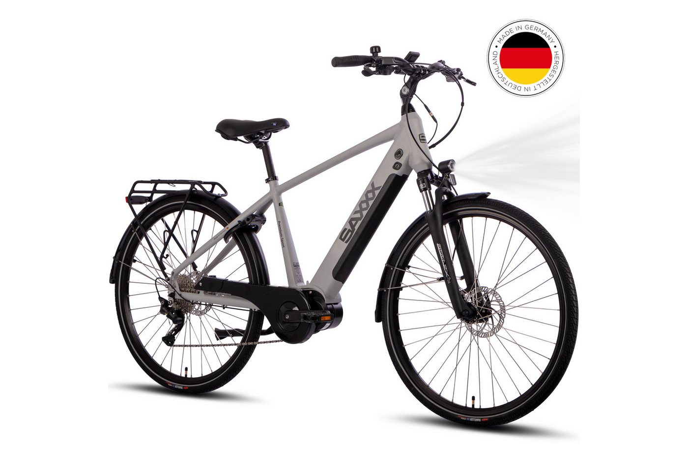 SAXXX E-Bike Trekkingrad 28 Zoll, 90 Nm Mittelmotor, bis zu 110 km Reichweite, 10 Gang SHIMANO Deore Schaltwerk, Mittelmotor, 522 Wh, (mit abnehmbarem Akku, zu 95 % vormontiert), mit Gepäckträger bis zu 25 kg, hydraulische Scheibenbremsen