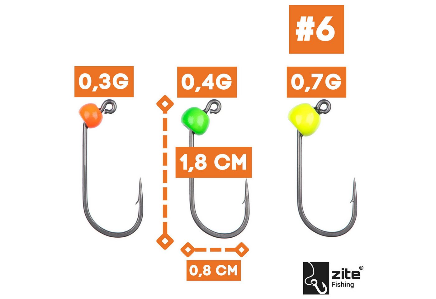 Zite Jighaken Tungsten ProSharp Angelhaken Set 3 Gr. #4, #6, #8 Neon in Sortierbox