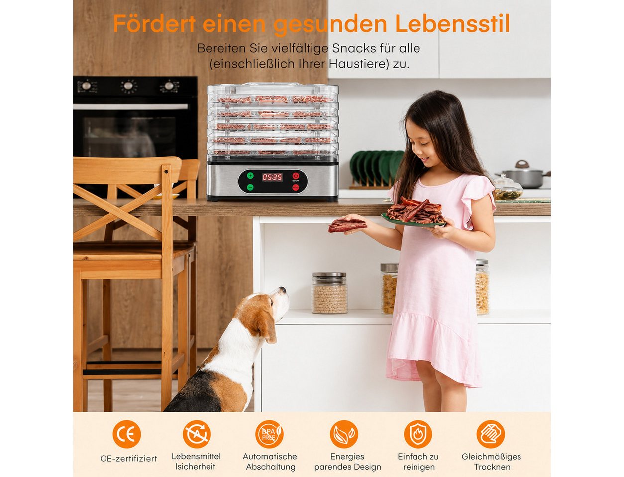 wohnTRAUM24 Dörrautomat Dörrgerät mit Temperaturregler, 72h-Timer, 5 Einlegefächer, 35-70°C 350 W, 5 Etagen, BPA-frei, Spülmaschinengeeignete Teile, für Obst, Gemüse, Fleisch Bild 2