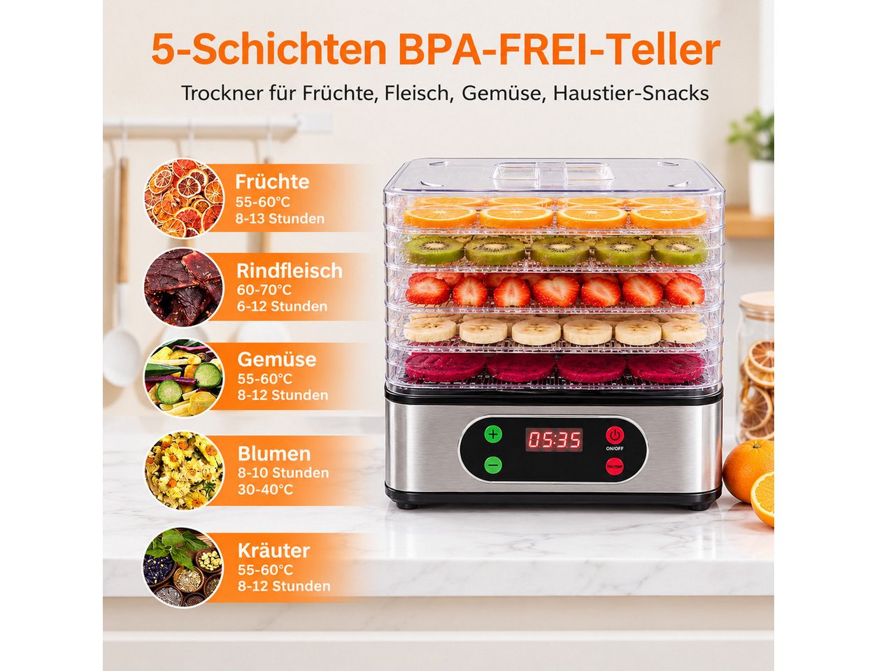 wohnTRAUM24 Dörrautomat Dörrgerät mit Temperaturregler, 72h-Timer, 5 Einlegefächer, 35-70°C 350 W, 5 Etagen, BPA-frei, Spülmaschinengeeignete Teile, für Obst, Gemüse, Fleisch Bild 3