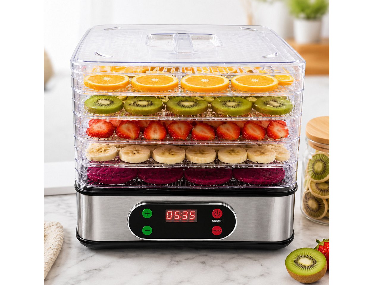 wohnTRAUM24 Dörrautomat Dörrgerät mit Temperaturregler, 72h-Timer, 5 Einlegefächer, 35-70°C 350 W, 5 Etagen, BPA-frei, Spülmaschinengeeignete Teile, für Obst, Gemüse, Fleisch Bild 4